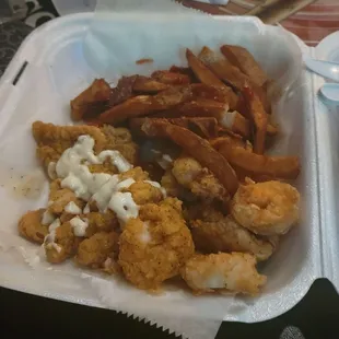 Cat fish bites dinner w/ fried shrimp added.