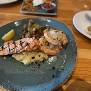 Grilled seafood trio - salmon, shrimp and scallop