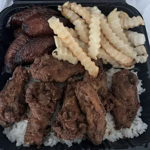 Fried chicken, fries, and Plantains