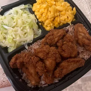 Fried wings 6 , Mac n cheese , and cabbage