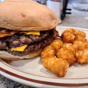 a burger and tater tots