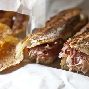 Ham pimiento on a baguette, heated in the panini press.