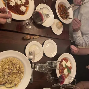 Dinner; carbonara, ravioli, puttanesca and gnocchi