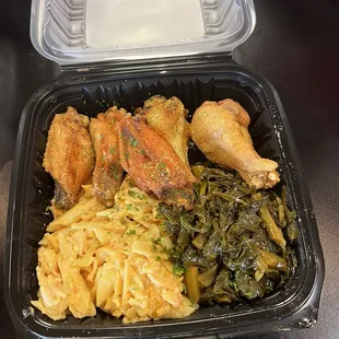 Wings, non-lobster mac n cheese, collard greens