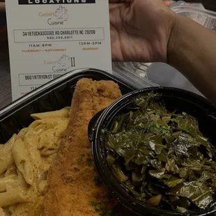 Fried fish, lobster Mac &amp; cheese, collard greens