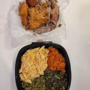 Fried chicken, lemon pepper turkey wing, collard greens, green beans, candied yams, lobster Mac n cheese