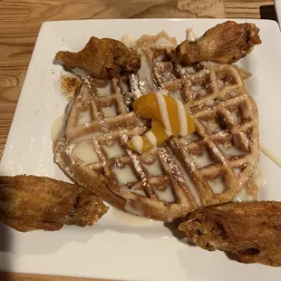 Peach cobbler waffle with house seasoned wings