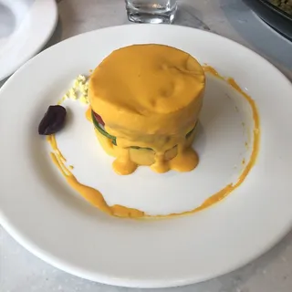 Sweet Potato Glazed Causa with Giant Shrimp / Ceviche Causa de Camote Glaseado Montado con Cebiche de Camarones Gigantes al Aj Amarillo