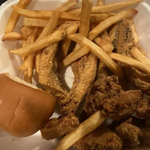 Whiting, fries and fried wings