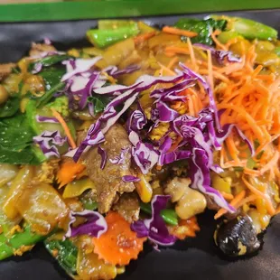 a plate of vegetables and meat