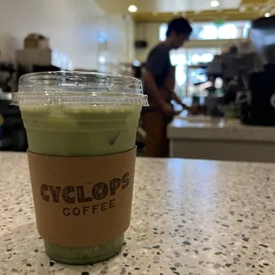 iced matcha with oat milk and lavender syrup