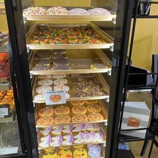 a display case full of donuts