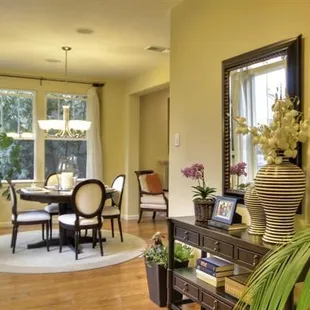 Open floor plan where rooms flow and ceilings are high.