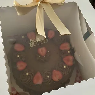 Custom White Cake with Chocolate Buttercream Frosting, Fresh Strawberries &amp; Gold details, boxed beautifully