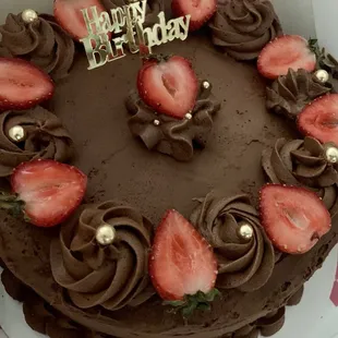 Custom White Cake with Chocolate Buttercream Frosting, Fresh Strawberries &amp; Gold details