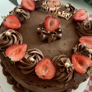 Custom White Cake with Chocolate Buttercream Frosting, Fresh Strawberries &amp; Gold details