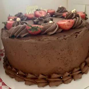 Custom White Cake with Chocolate Buttercream Frosting, Fresh Strawberries &amp; Gold details