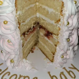 Inside our baby shower cake. Starwberry and butter creme