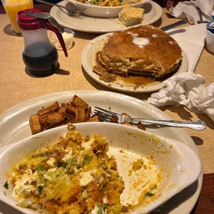 Benedict buenos and Mexican skillet with a stack of pancakes