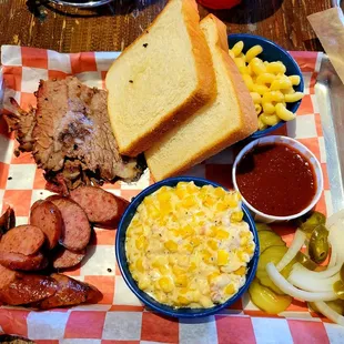 2 Meat Plate: brisket sausage Creamed Corn  Mac N Cheese