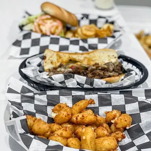 Cheese Curds, Philly Cheesesteak and burger.