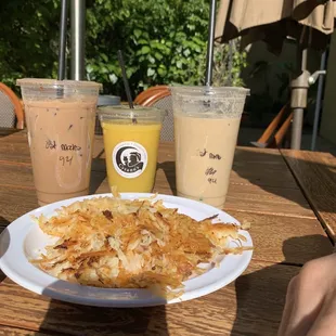 Hasbrowns, iced mocha w oat milk, orange juice, nana nut smoothie