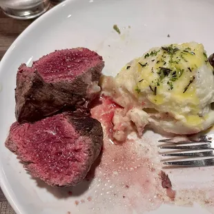 The filet, ordered medium rare.  What came out is 'move it over a fire and serve it to me bloody and mooing'.  I might become Vegan.