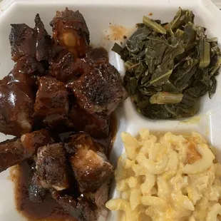 Rib Tips, Collard Greens and Mac N Cheese