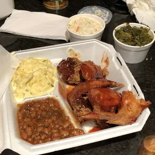 Fried wings, potato salad, beans, slaw and collards