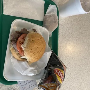 a hamburger and chips