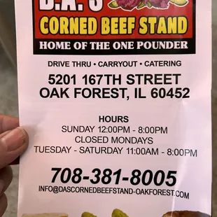 D.A.&apos;s Corned Beef Stand menu