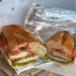 Chicken cutlet sandwich with pesto and bruschetta