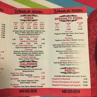 Pizza menu