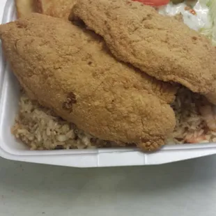 Fish plate with rice. $9.99 is enough to feed two