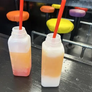 Daiquiris made in these containers. Expected nice daiquiri glasses since we were dining in