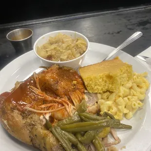 Baked Chicken Dinner with Fried Cabbage, Green Beans and Mac-n-Cheese