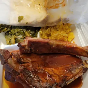 Rib dinner with Mac n cheese and collard greens