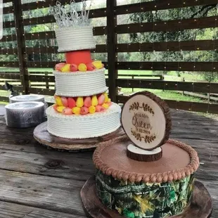 two tiered cakes on a wooden table