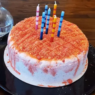 The Strawberry Dream cake with stawberry and vanilla swirl ice cream and topped with a stawberry and vanilla crumble topping.