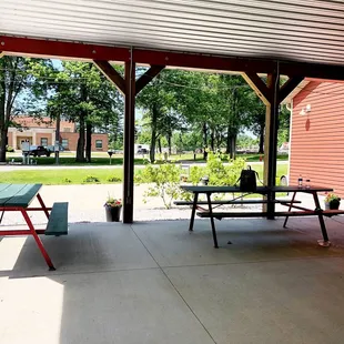 a picnic area with picnic tables