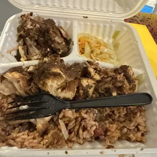 Dry jerk, and rice majority of our plates had majority bones absolutely no chicken.