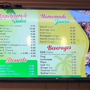 Appetizers, sides, desserts, homemade juices, beverages