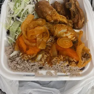 Large country fry 3 pieces of chicken rice and peas salad  $13 Large