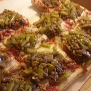 Pizza with sausage, mushroom &amp; green bell pepper.