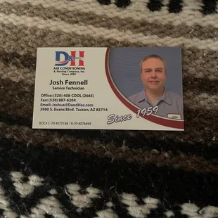 D&amp;H Air Conditioning, Josh Fennel. Not pictured: nicest guy who's name I don't remember who took my call last night.