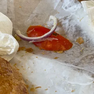 Onion on my sandwich. And the bit of the tomato which is not very appetizing. :(