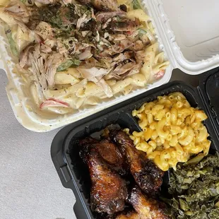 Rasta Pasta with BBQ Chicken Wingettes Mac and Cheese Vegetables