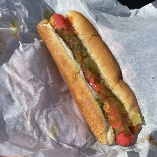 Hotdog with ketchup, mustard and relish