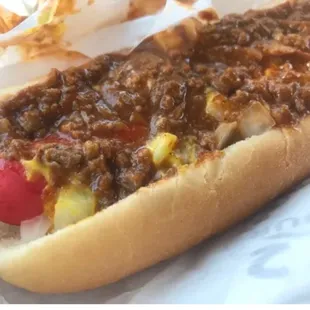 Chili and onion hotdog