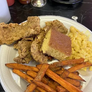 Riblets, sweet potato fries, Mac &amp; cheese